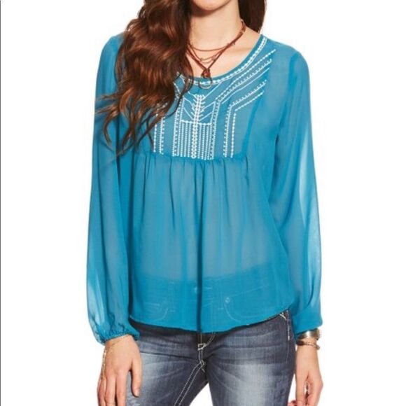 Ariat Sheer Embroidered Babydoll Peasant Top - Picture 1 of 7